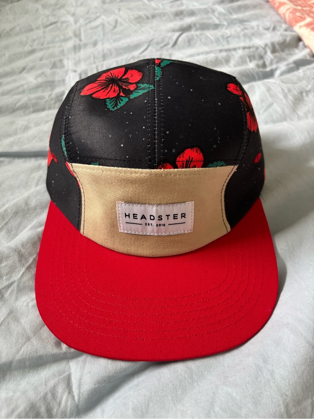 HEADSTER | Kids Red Brim Floral Panel Cap with Cream Front